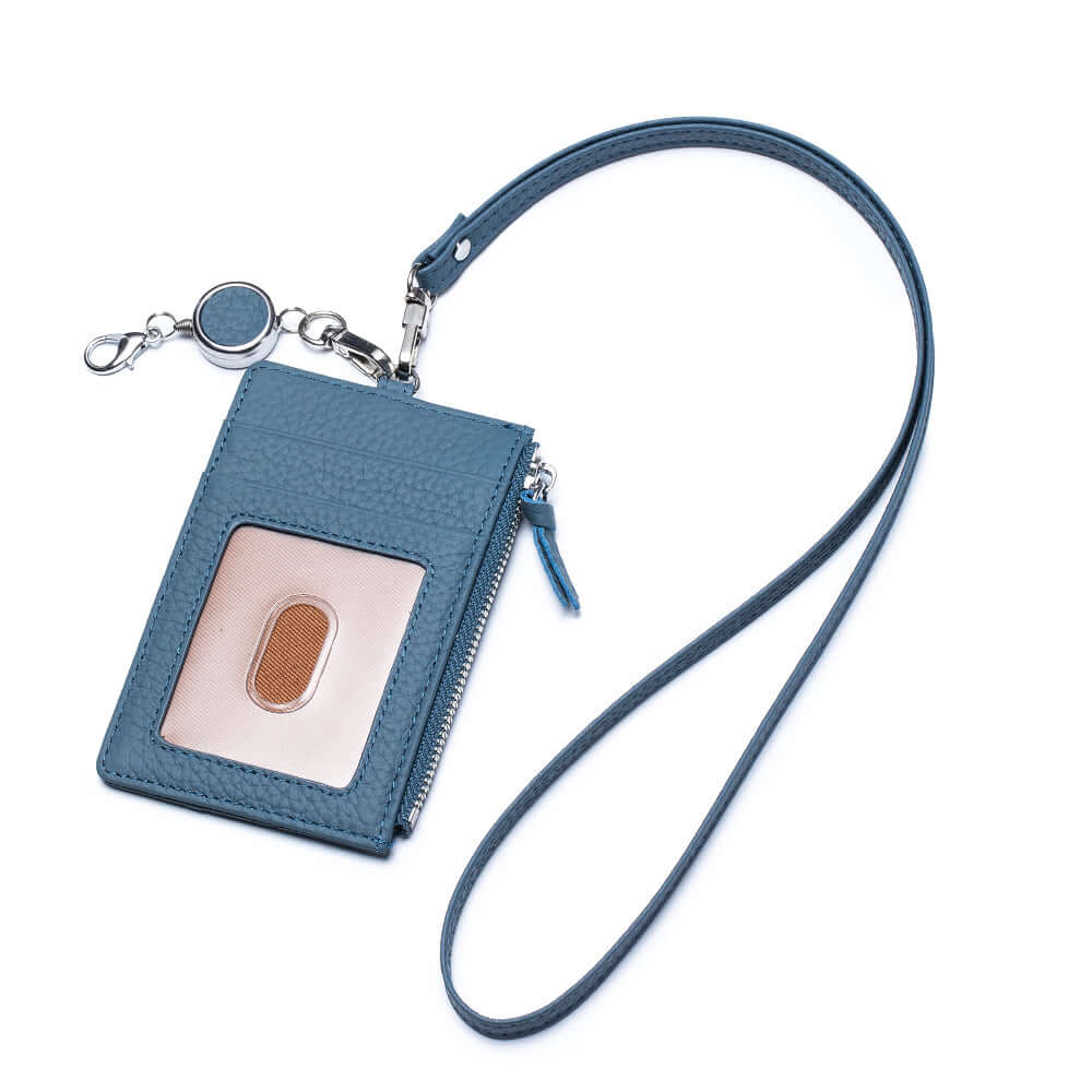 Women’s blue leather lanyard wallet slim card holder