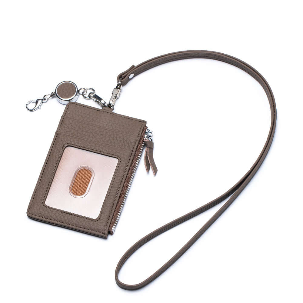 Khaki leather lanyard wallet with ID window for women