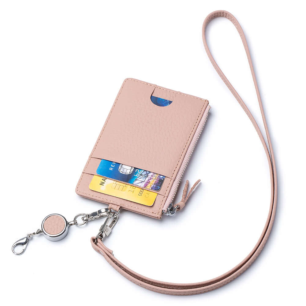 Women’s slim pink leather lanyard wallet with strap