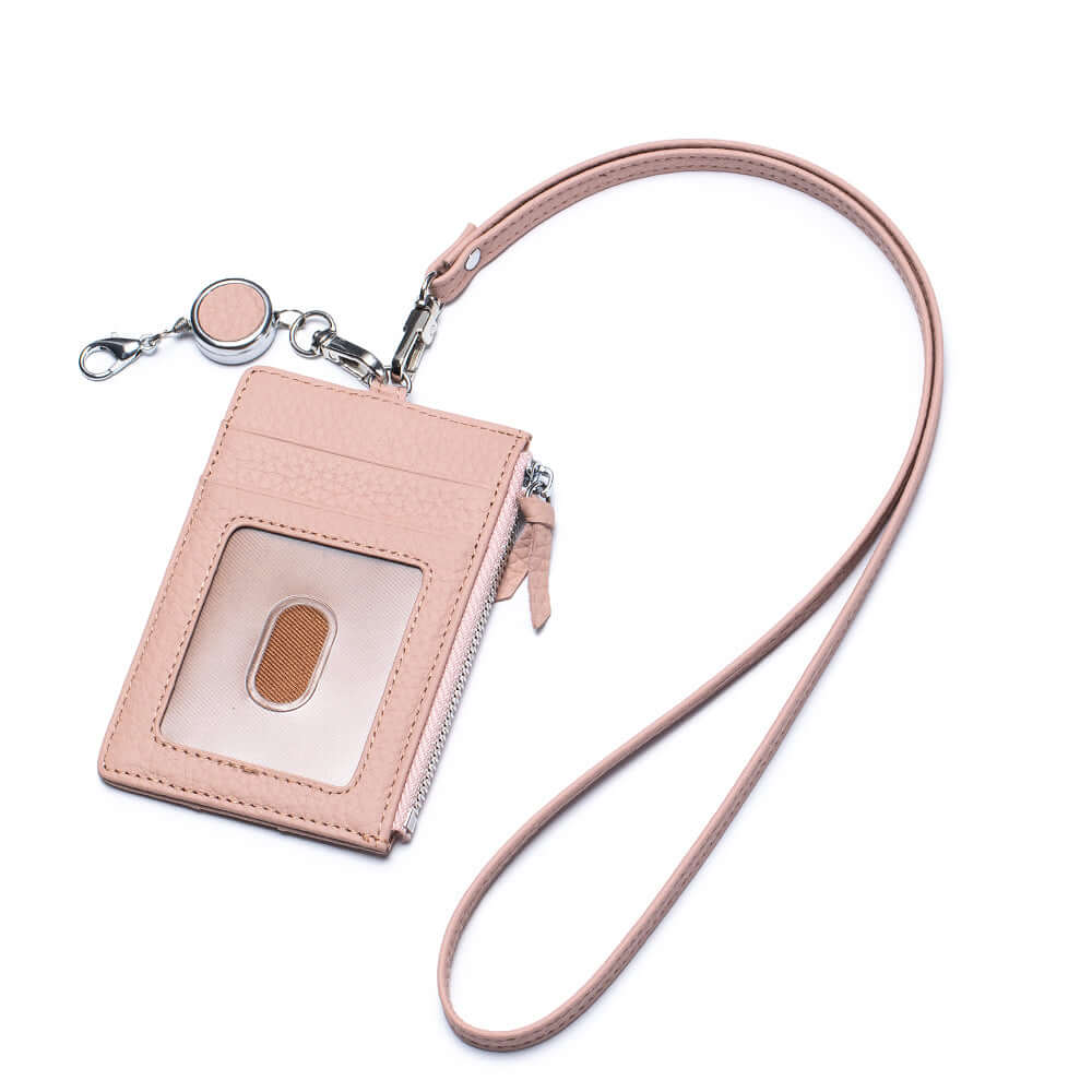 Pink leather lanyard wallet slim card holder for women