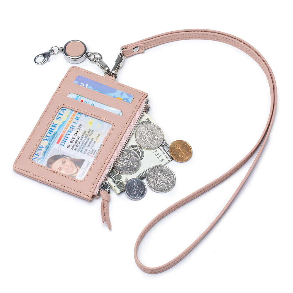 Slim pink leather lanyard card holder wallet with zipper pocket