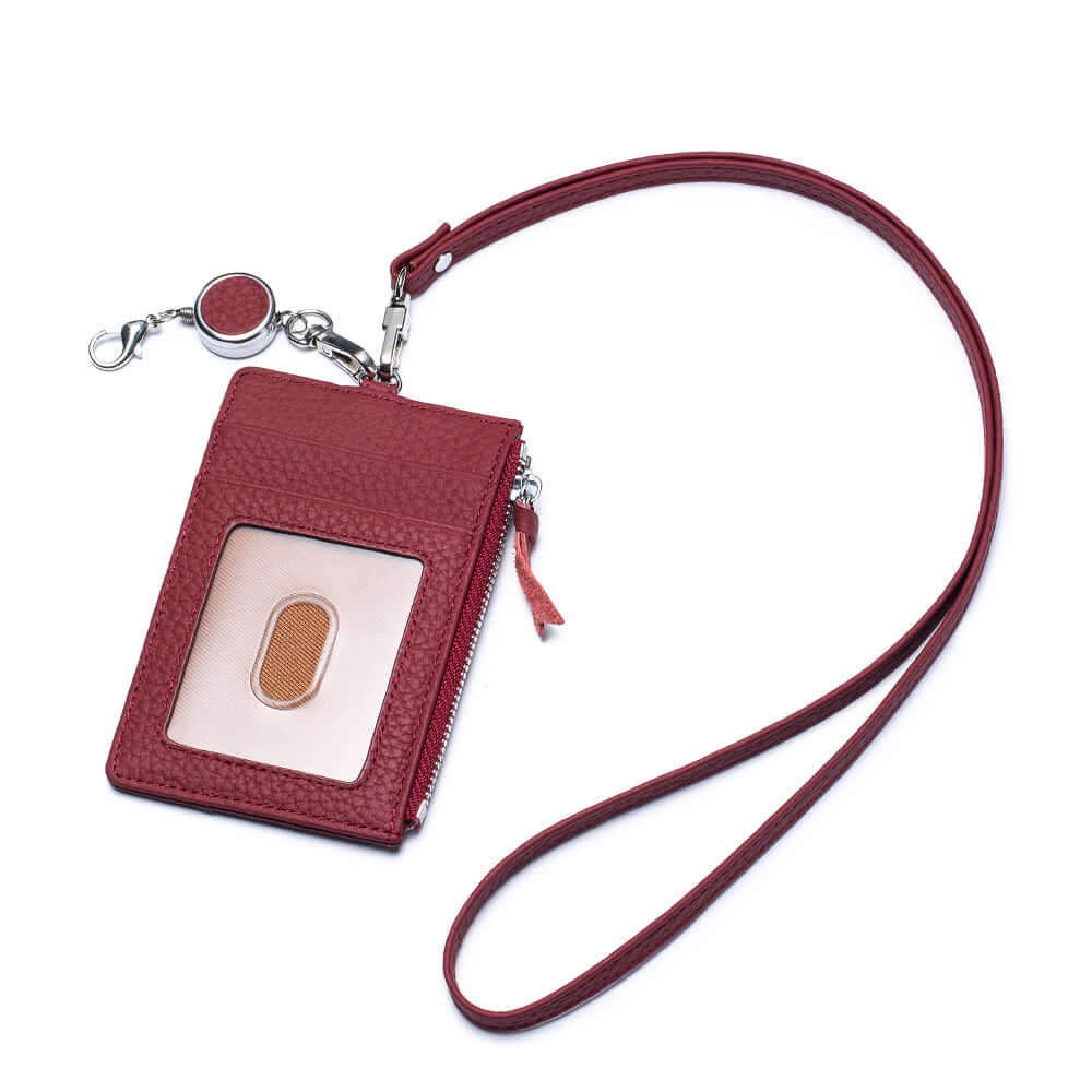 Red leather lanyard wallet with ID window and card slots