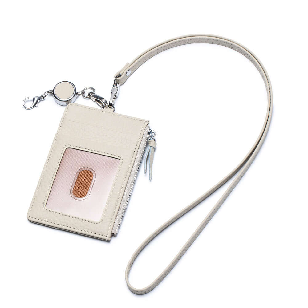 White leather lanyard wallet with ID slot and zipper