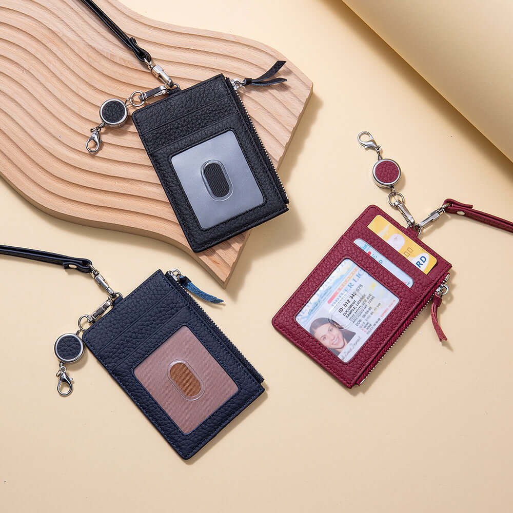Slim leather lanyard wallet shown with ID and credit cards