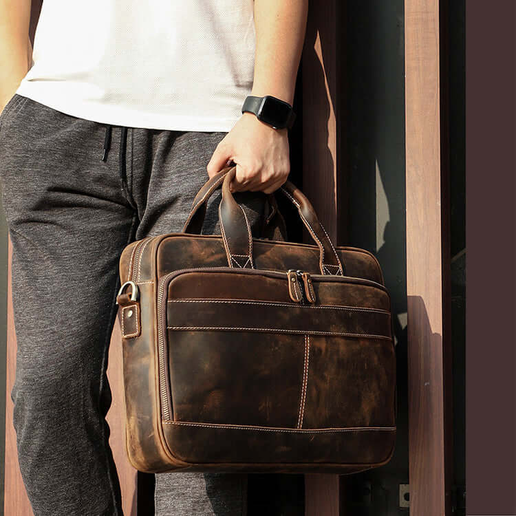 Leather laptop bag for business travel.