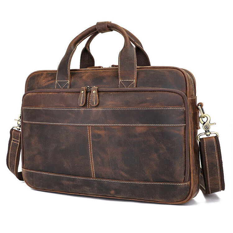 Front view of the leather laptop bag for men.