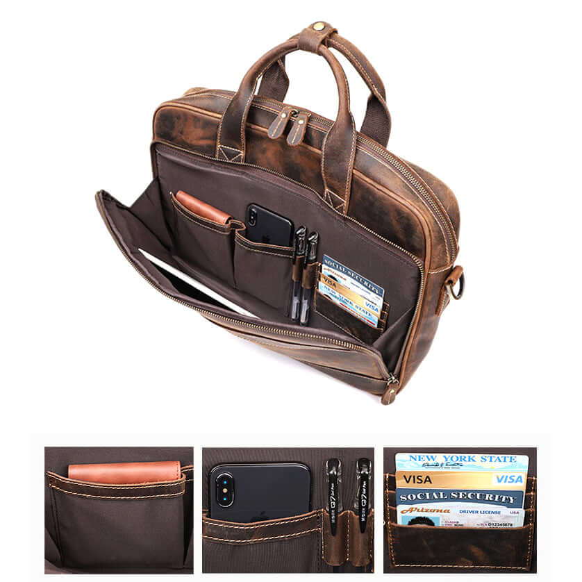 Multiple compartments in the leather laptop bag.