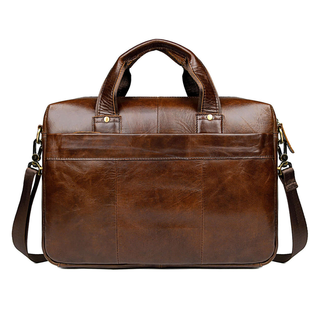 Back view of men's vintage brown leather laptop bag with strap.