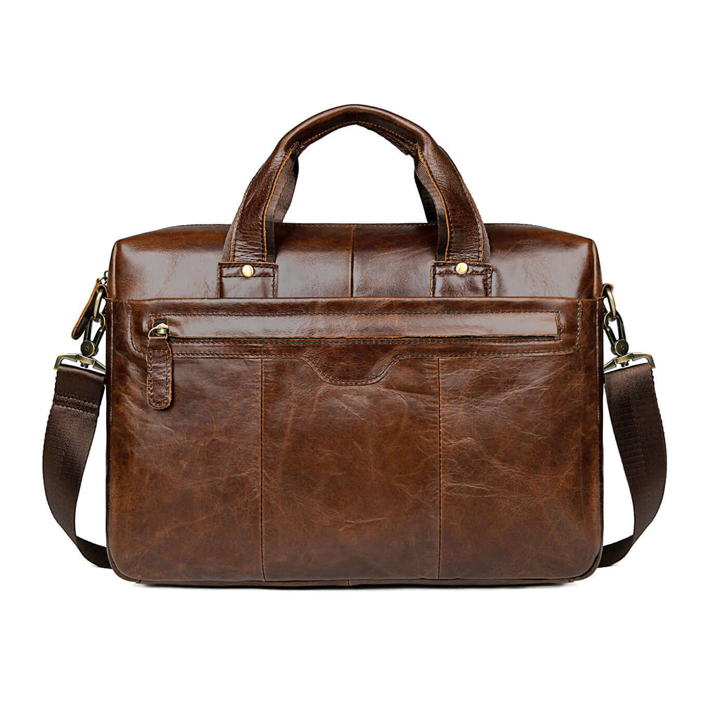 Front view of vintage brown leather laptop bag for men.