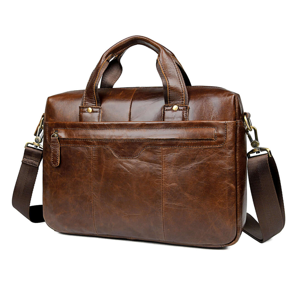 Adjustable strap of vintage brown leather laptop bag.