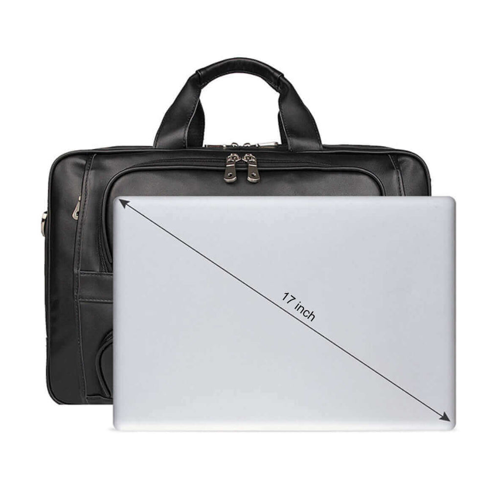 Luxury black leather laptop bag, men's briefcase, fits 17-inch laptops.