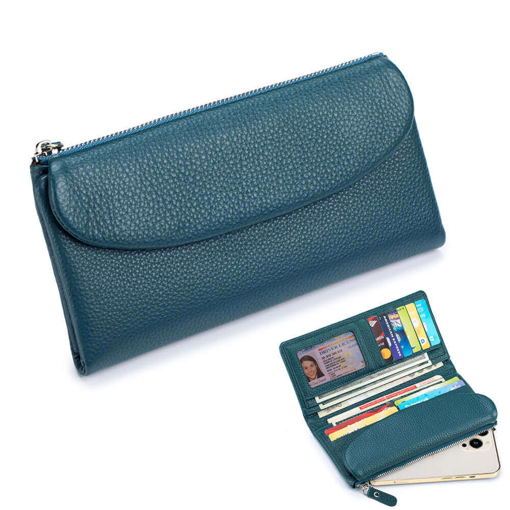 Blue leather long wallet with a sleek and stylish appearance.