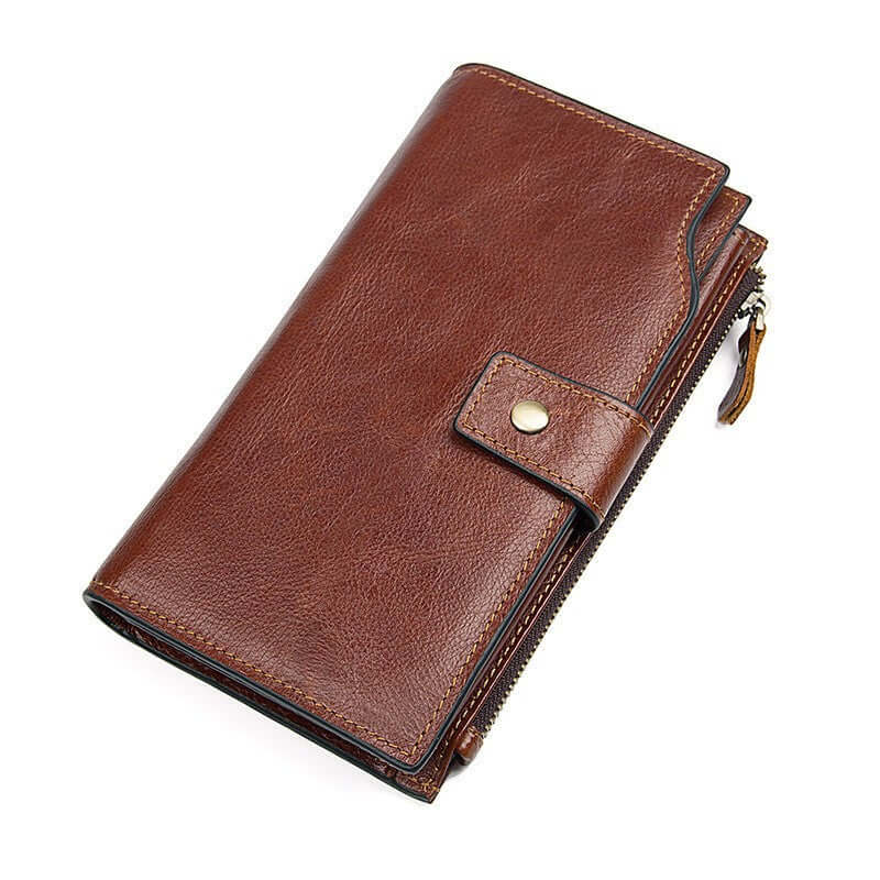 Front view of genuine leather long wallet with large capacity.