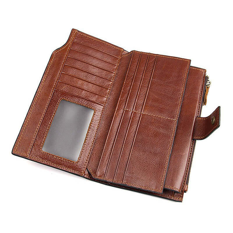 Open view of leather wallet showing 20 card slots and compartments.