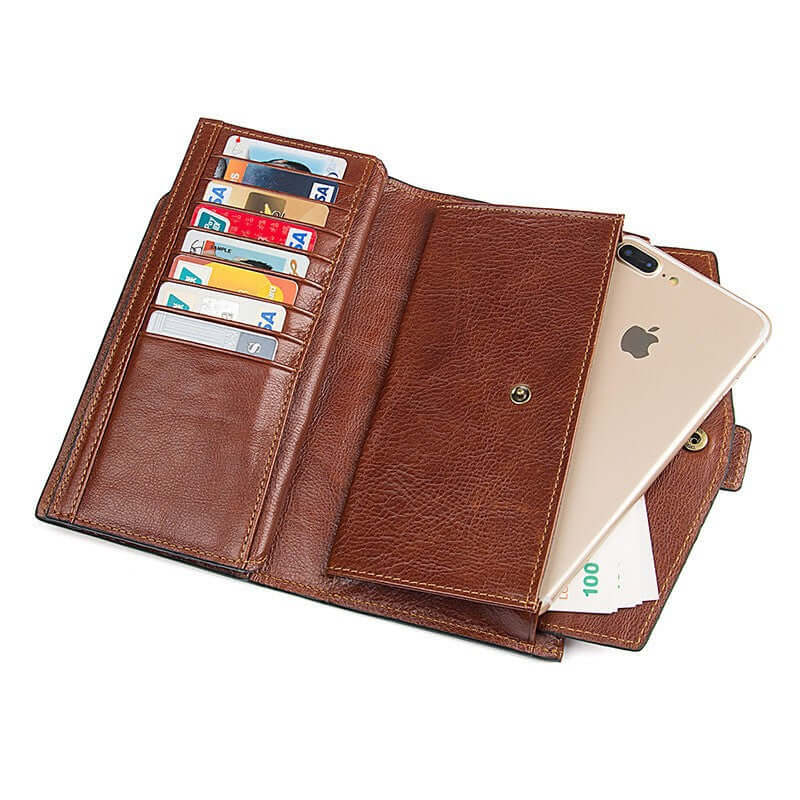 Detailed view of card slots, cash slots, and phone pocket in leather wallet.

