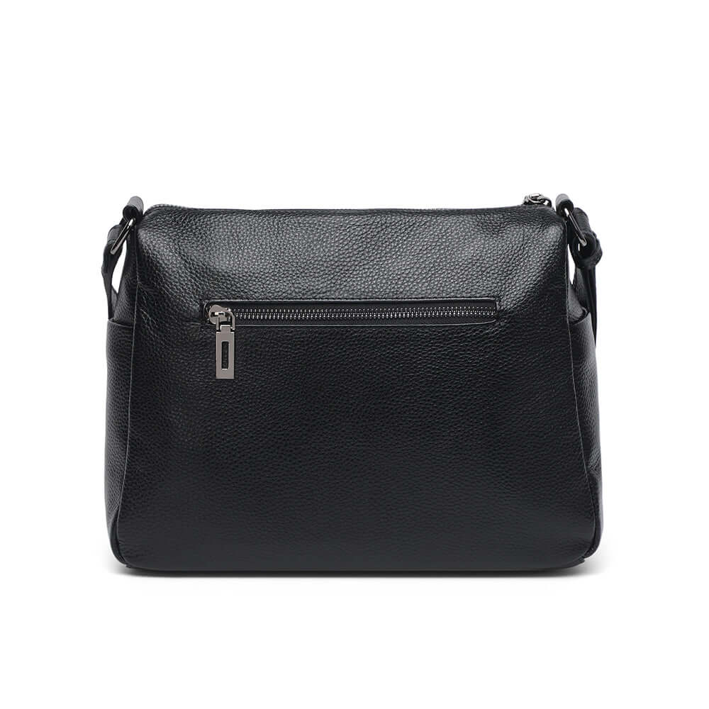 Back pocket view of leather shoulder bag