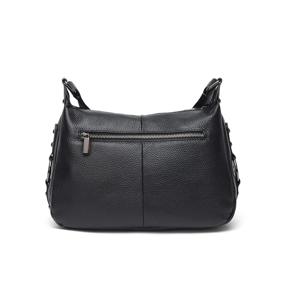 Back view with zipper pocket on leather shoulder bag