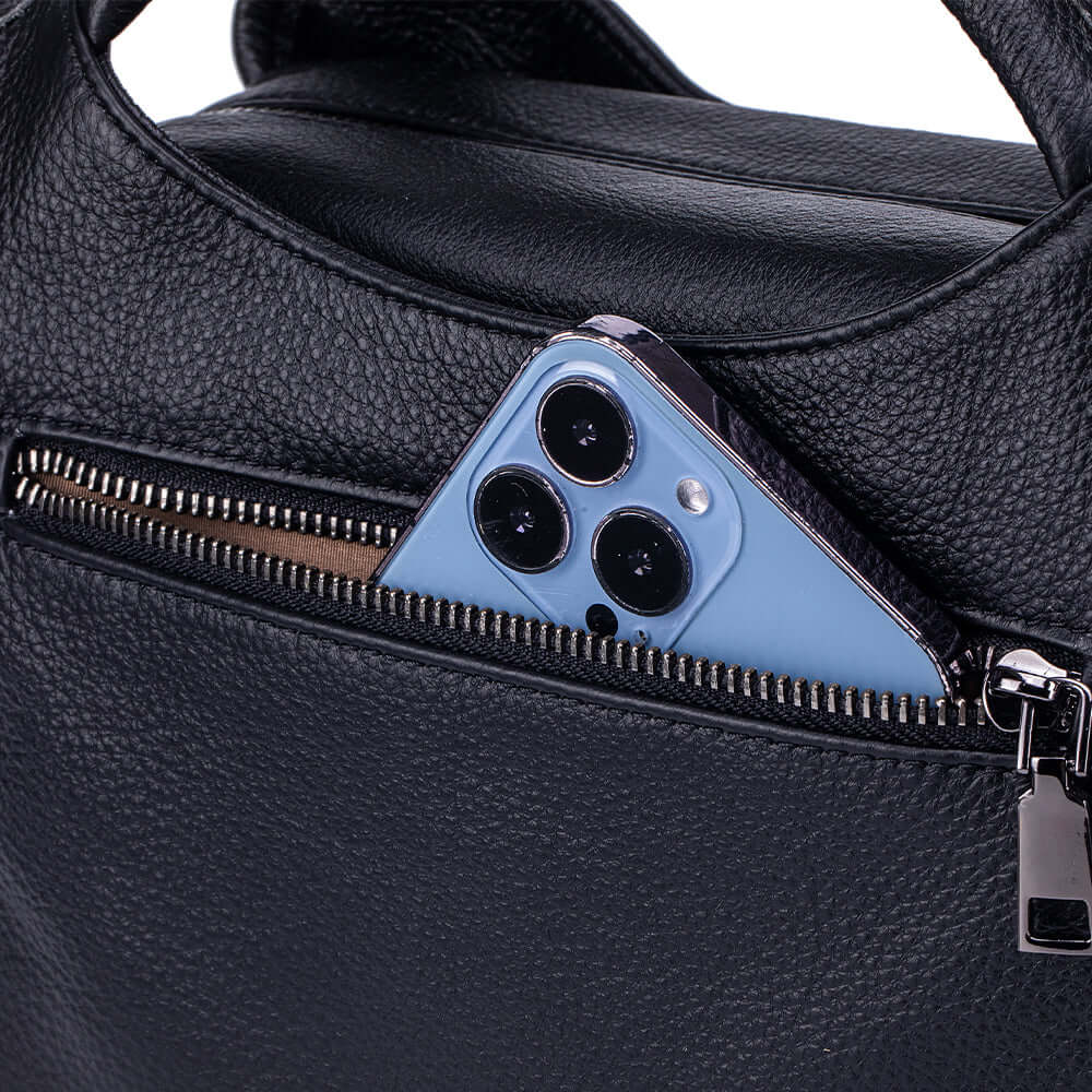 back zipper pocket of leather shoulder bag