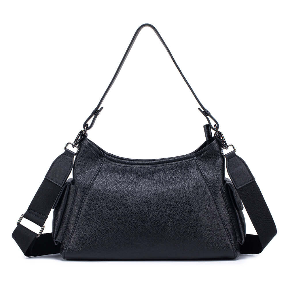 Classic black leather shoulder bag with soft texture.