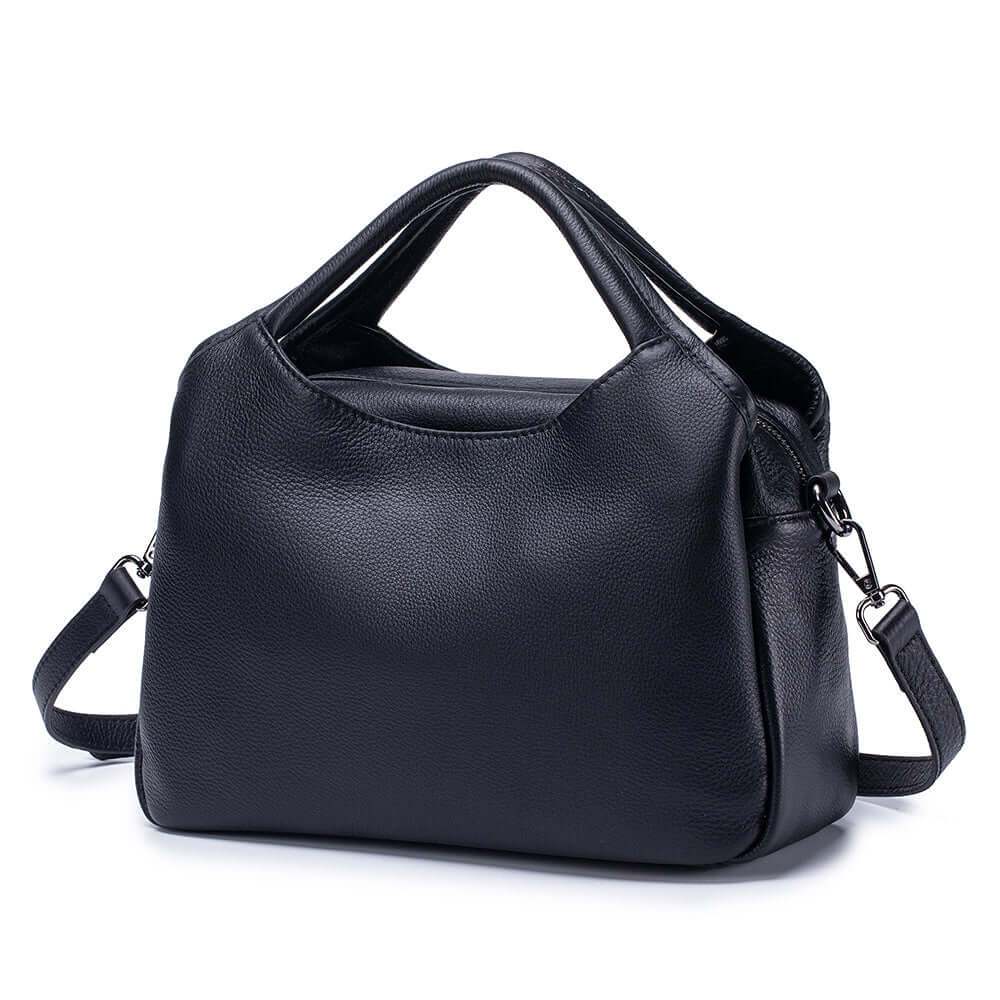 black leather shoulder bag front angle