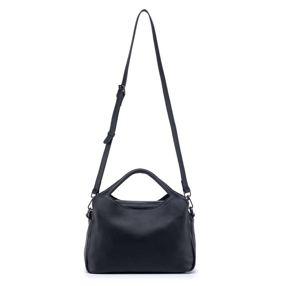 black leather shoulder bag with long shoulder strap
