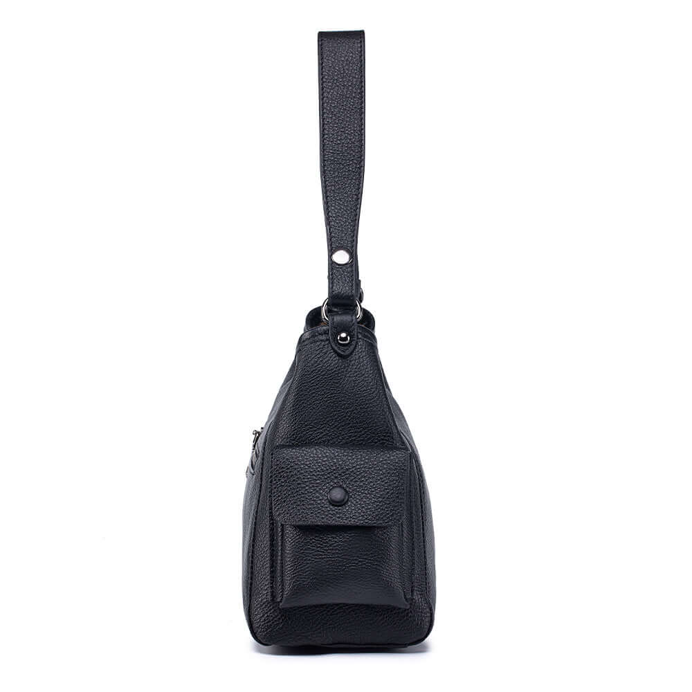 Side pocket design of black leather shoulder bag.