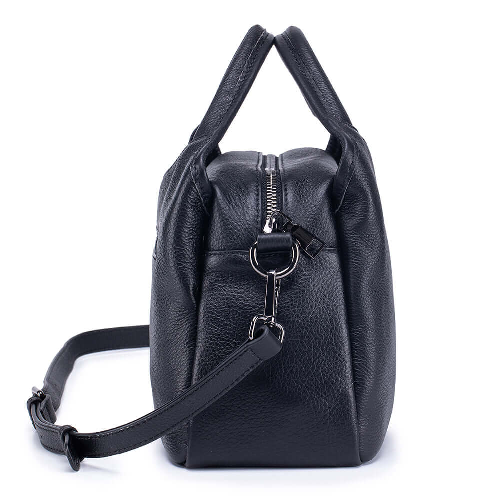 side view of black leather shoulder bag