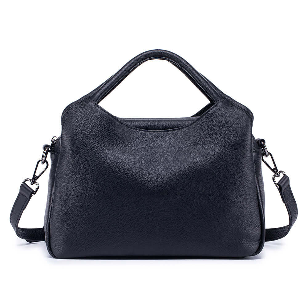 black leather shoulder bag straight front view