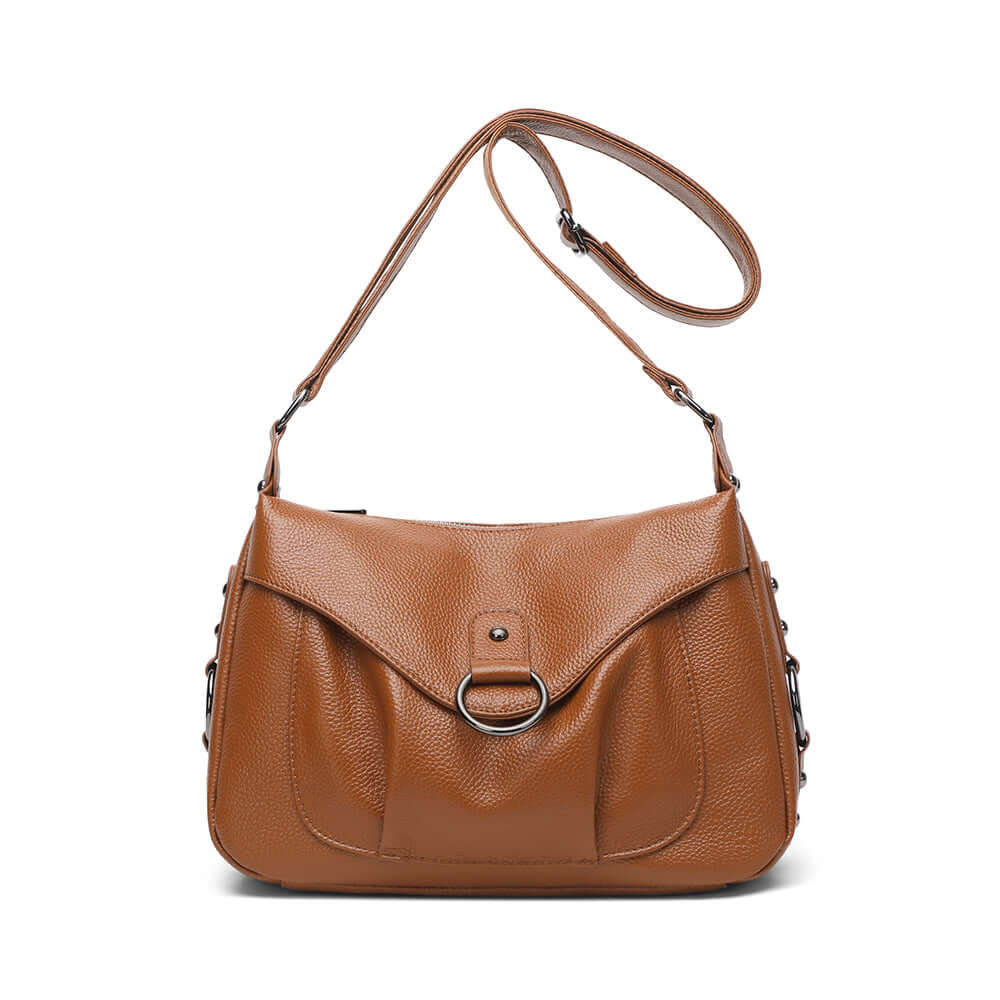 Front view of the brown leather shoulder bag