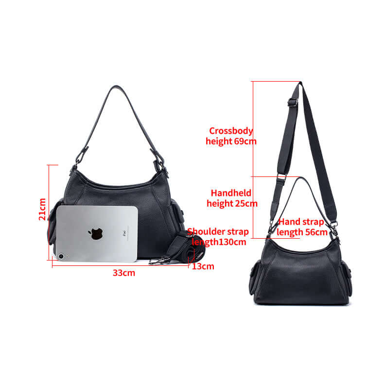 Bag dimension chart showing size 33×13×21cm and strap lengths.