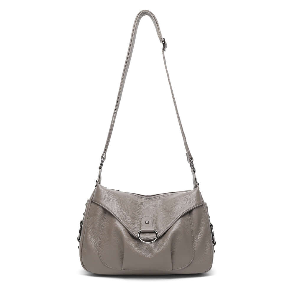 Grey leather shoulder bag displayed upright