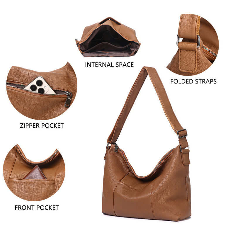 Spacious interior of the women's leather shoulder bag.