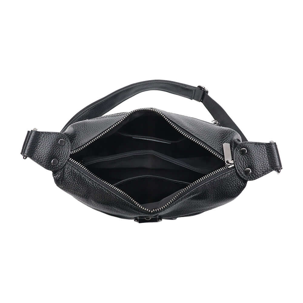 Interior view of the leather shoulder bag with compartments