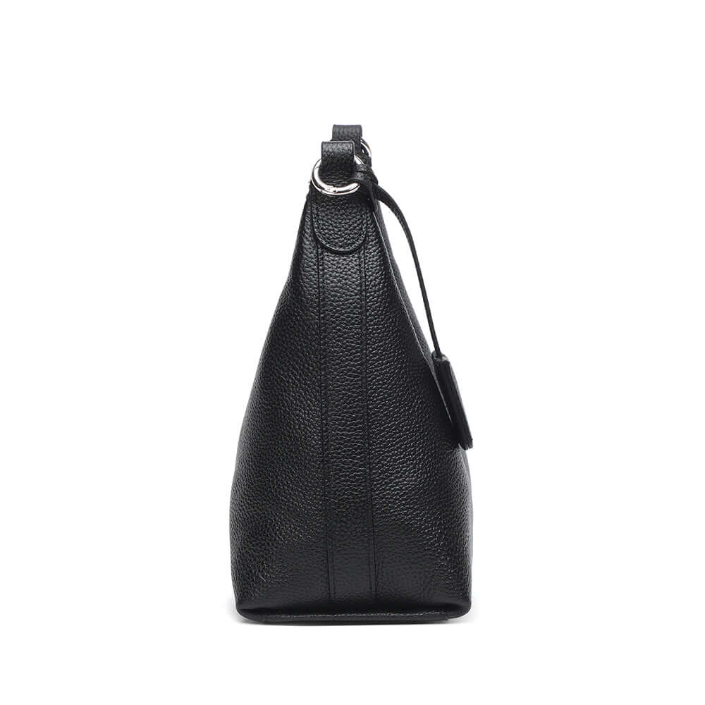 Side profile of black leather shoulder bag