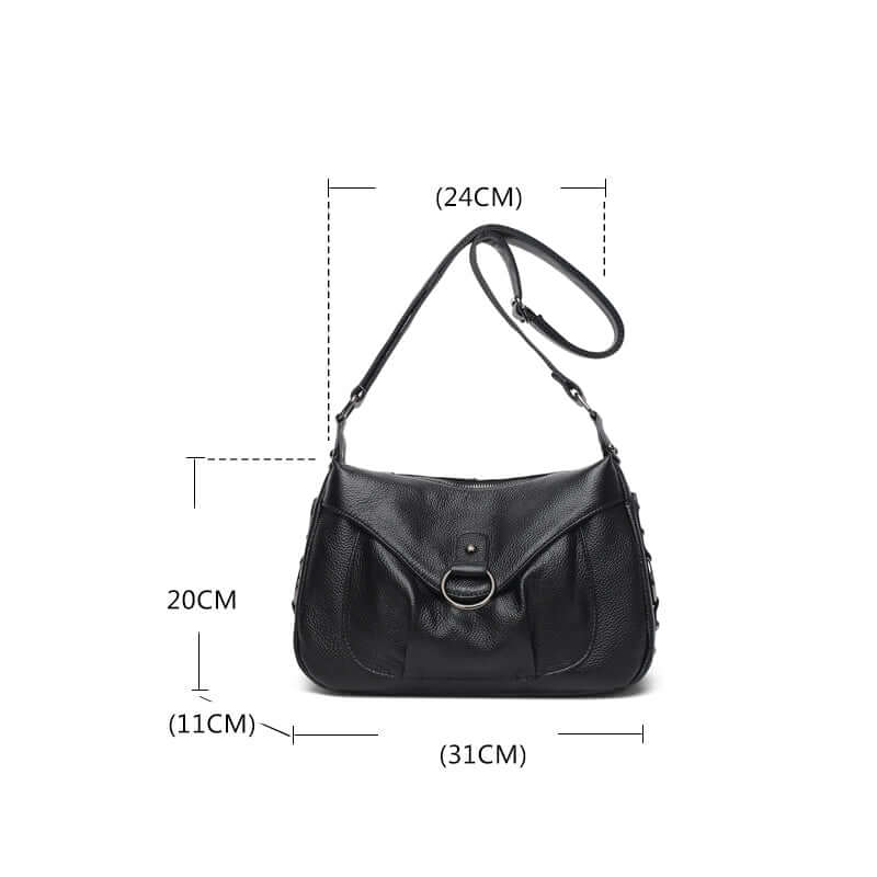 Leather shoulder bag size reference with dimensions