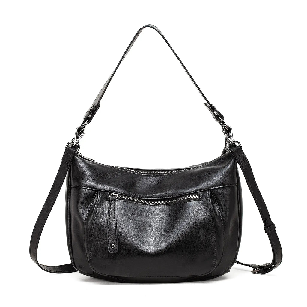 Front view of soft leather shoulder crossbody bag for women
