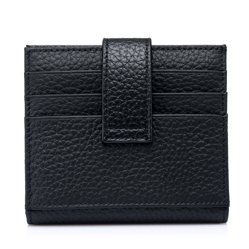 Black leather wallet with a strap on a white background