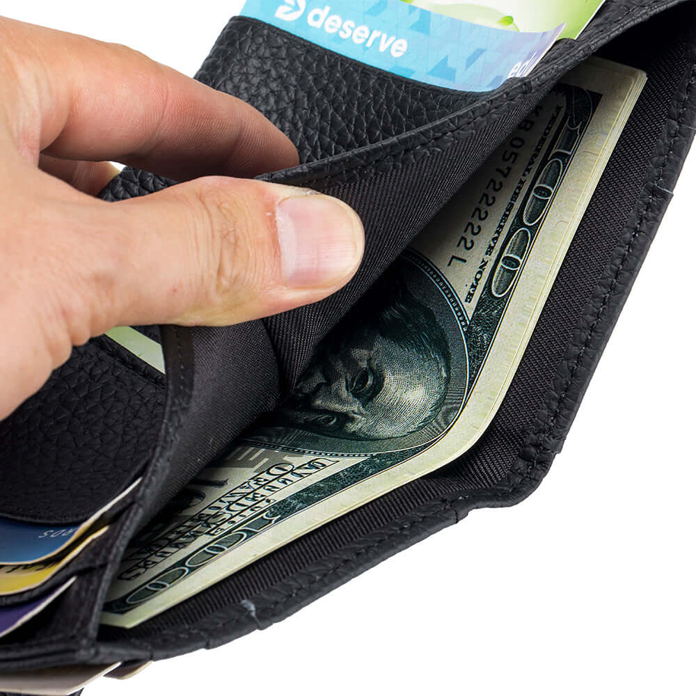 Inside view of black slim leather wallet with cards