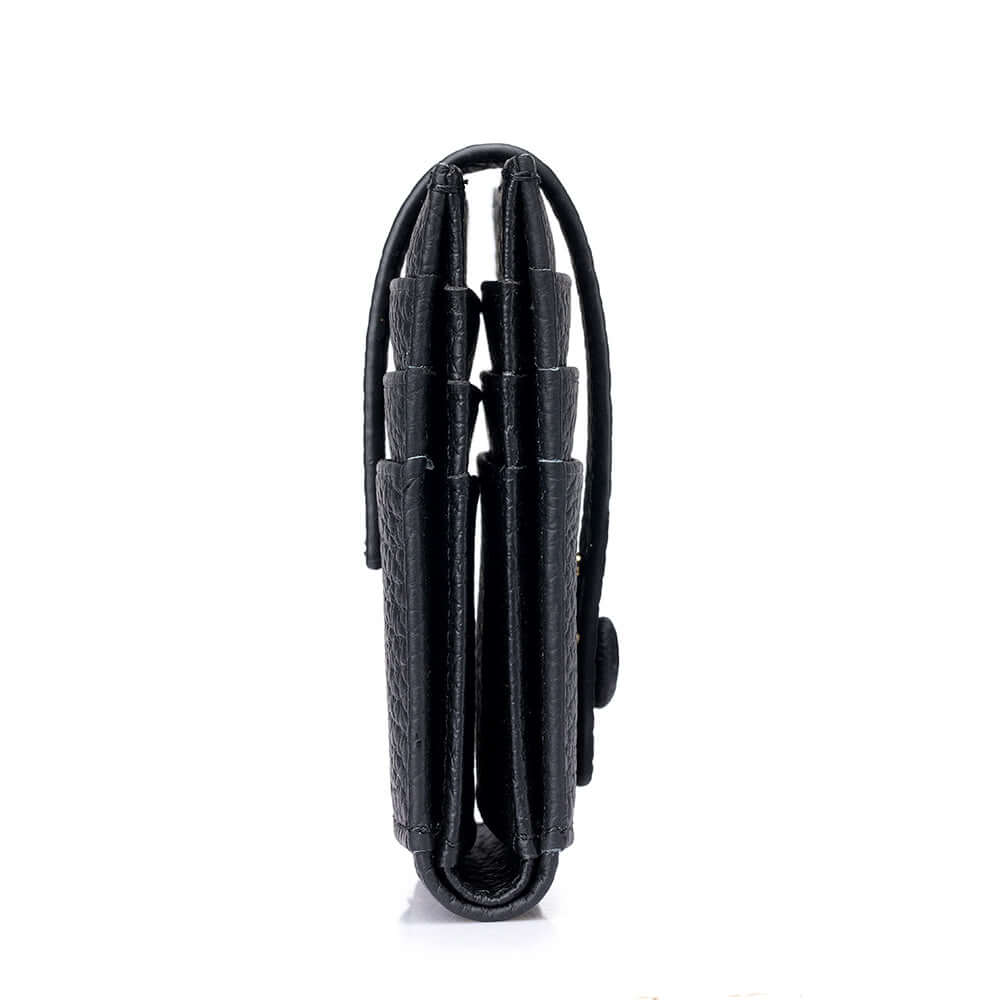 Side view of black slim leather wallet with snap closure