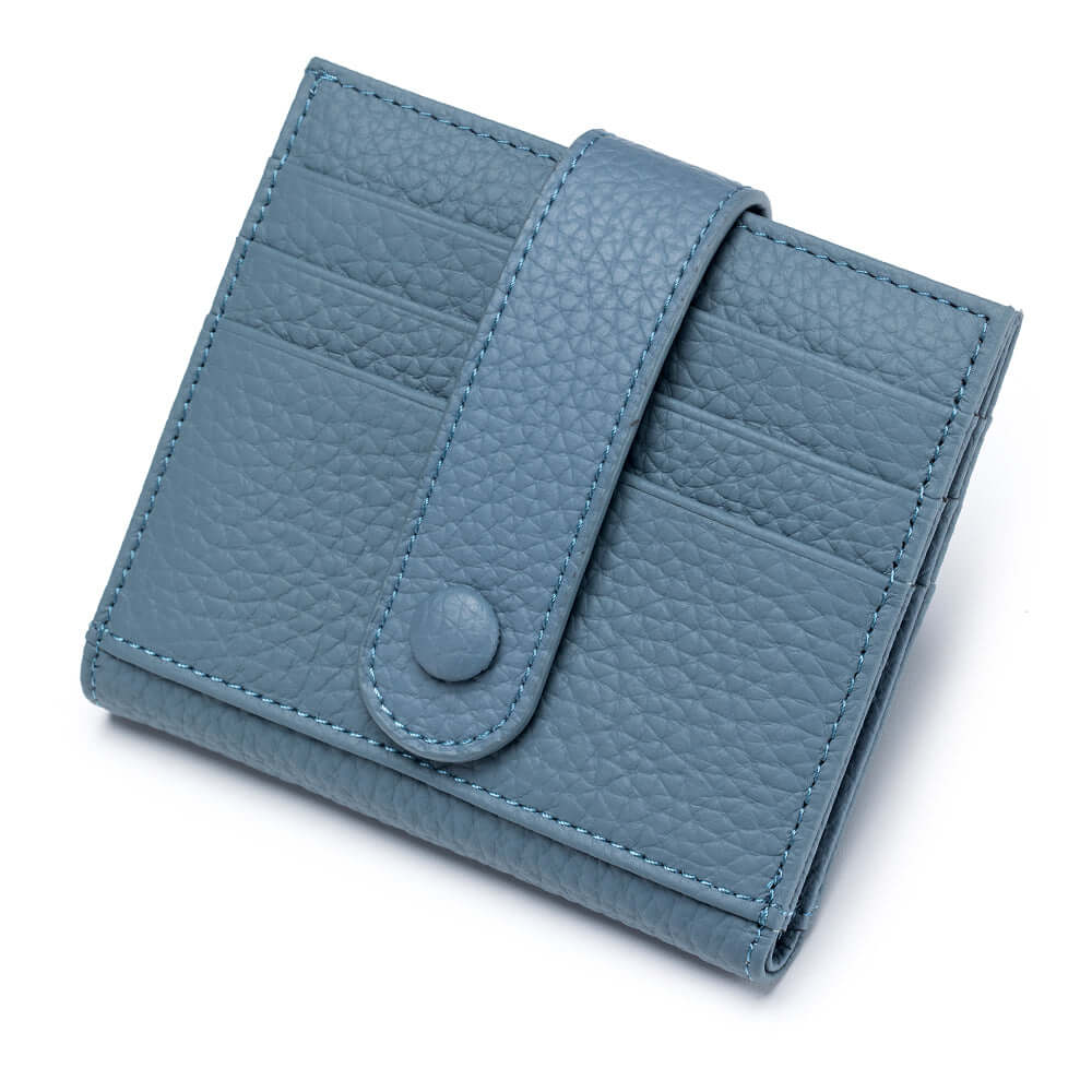 Women’s leather slim wallet in blue – front view
