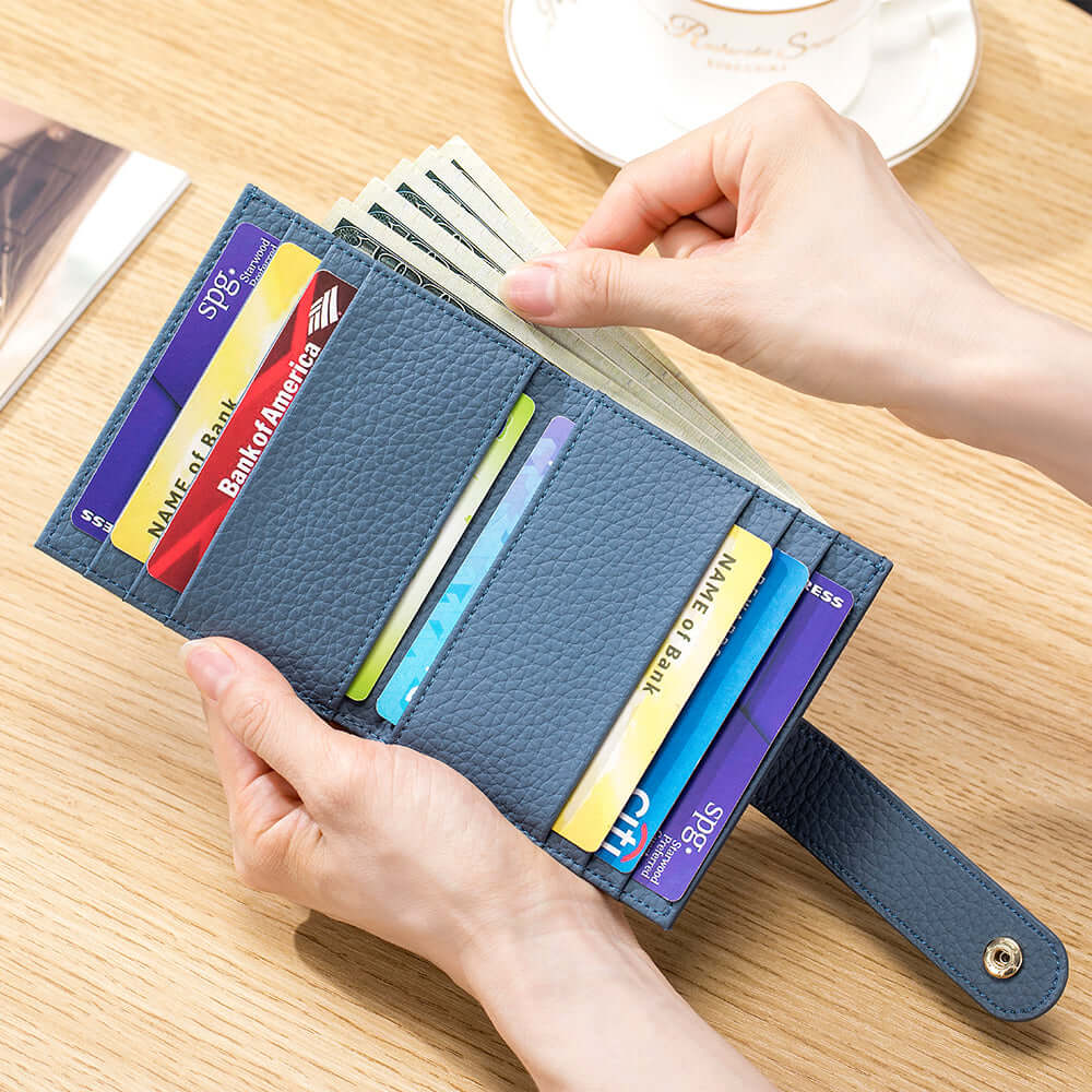 Hand opening blue slim leather card holder wallet