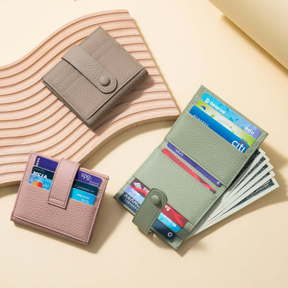 Compact slim leather card holder wallet with snap closure