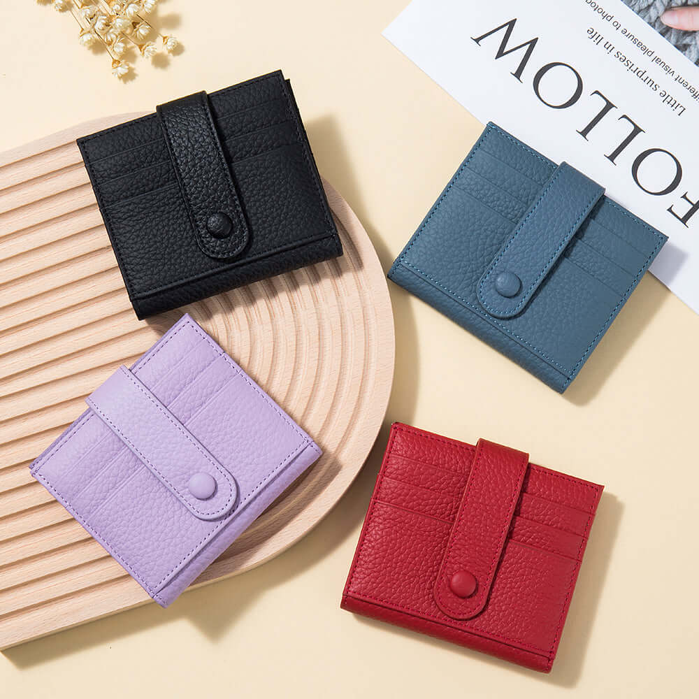 Collection of slim leather card holder wallets in different colours