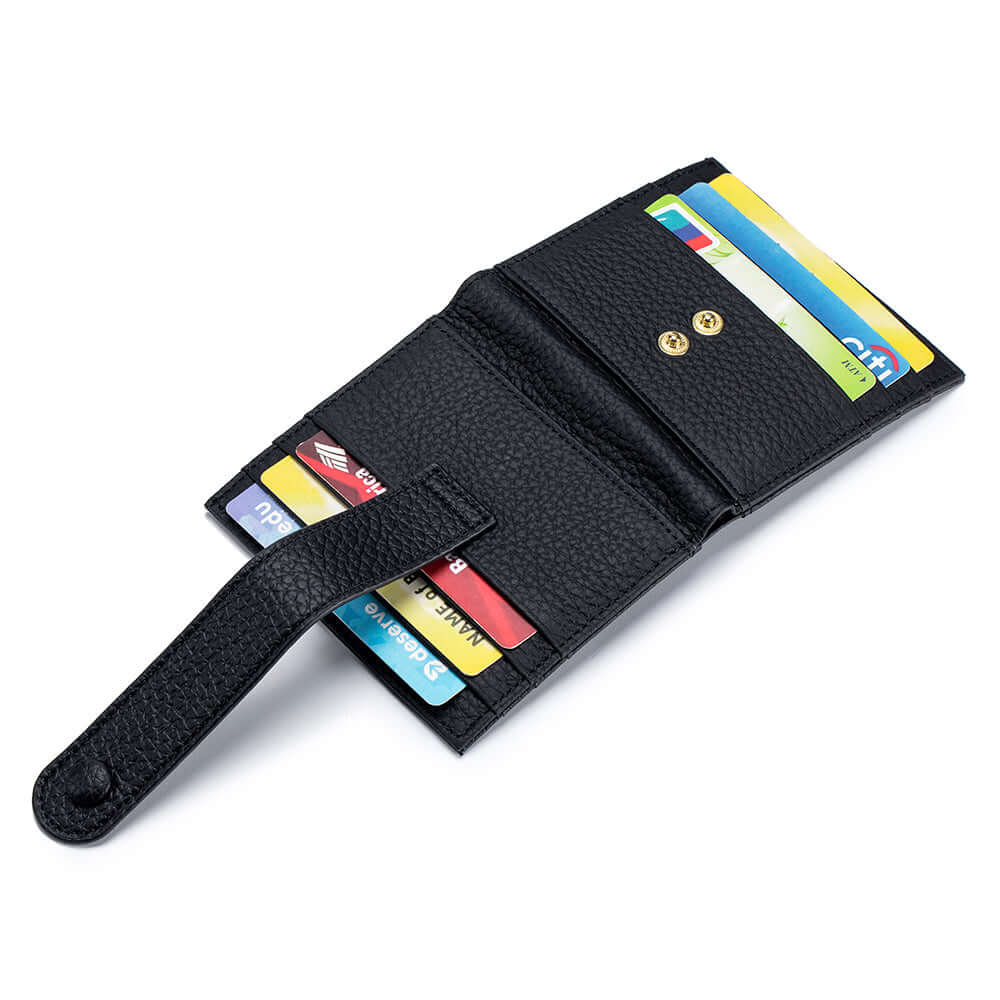 Black slim leather wallet with card and note sections