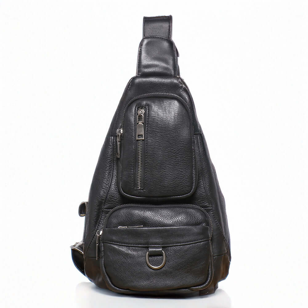 black leather sling bag front view for men