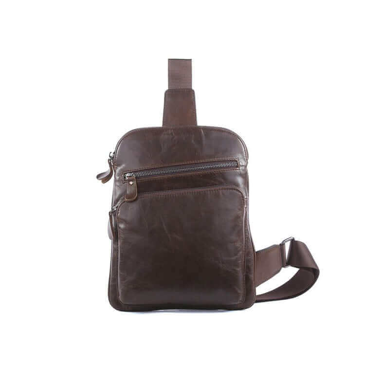 Front view of the genuine leather sling bag for men in dark brown.