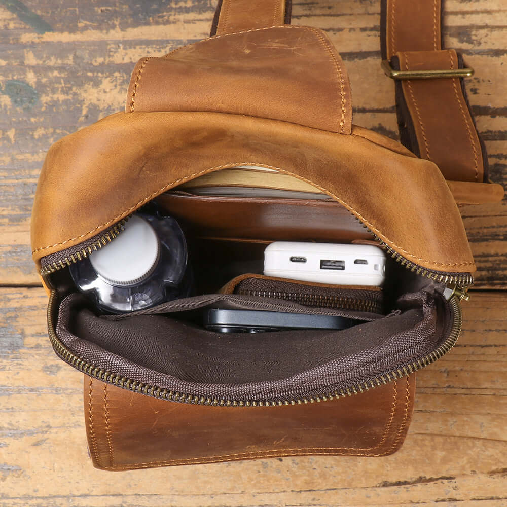 interior compartments of leather chest bag