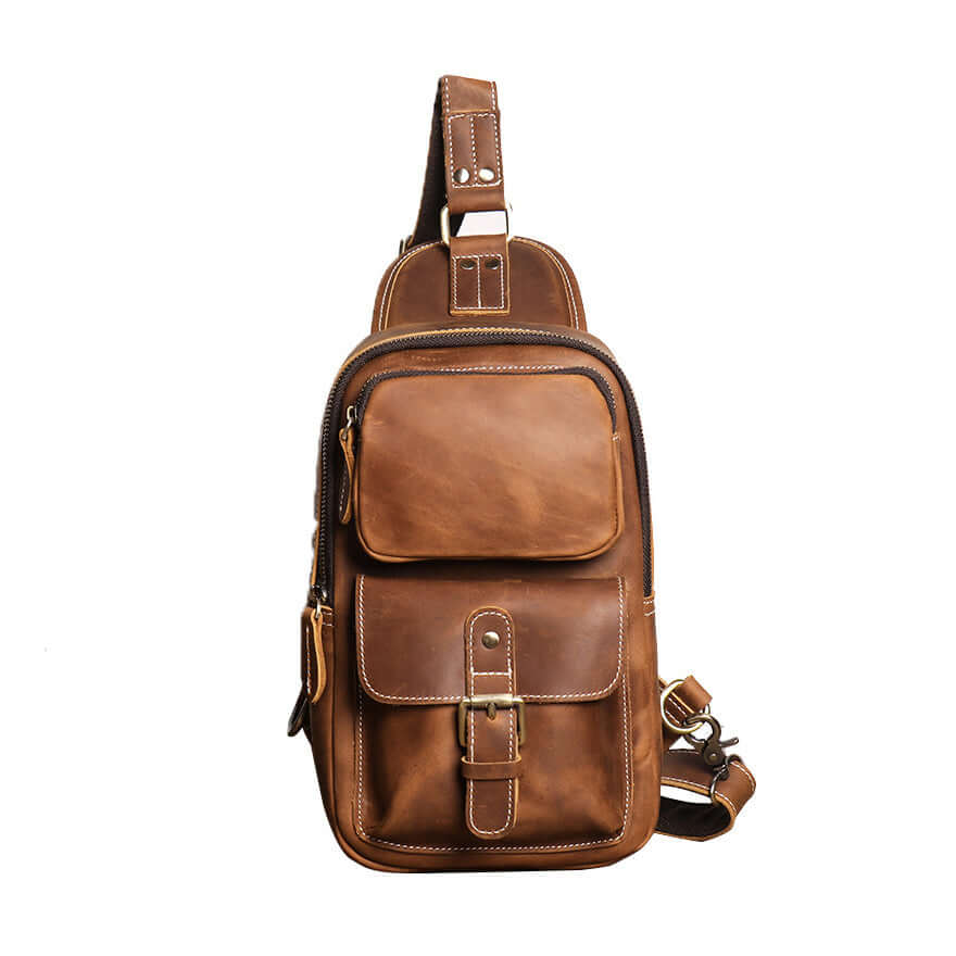 Front view of men’s genuine leather sling bag
