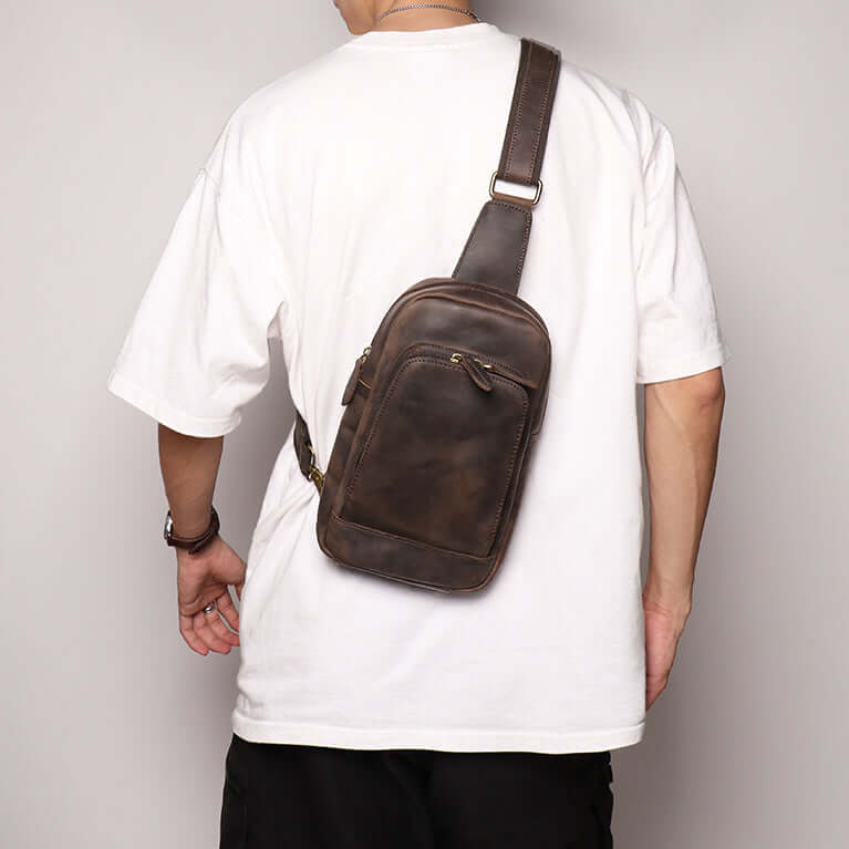 Crossbody sling bag positioned on back