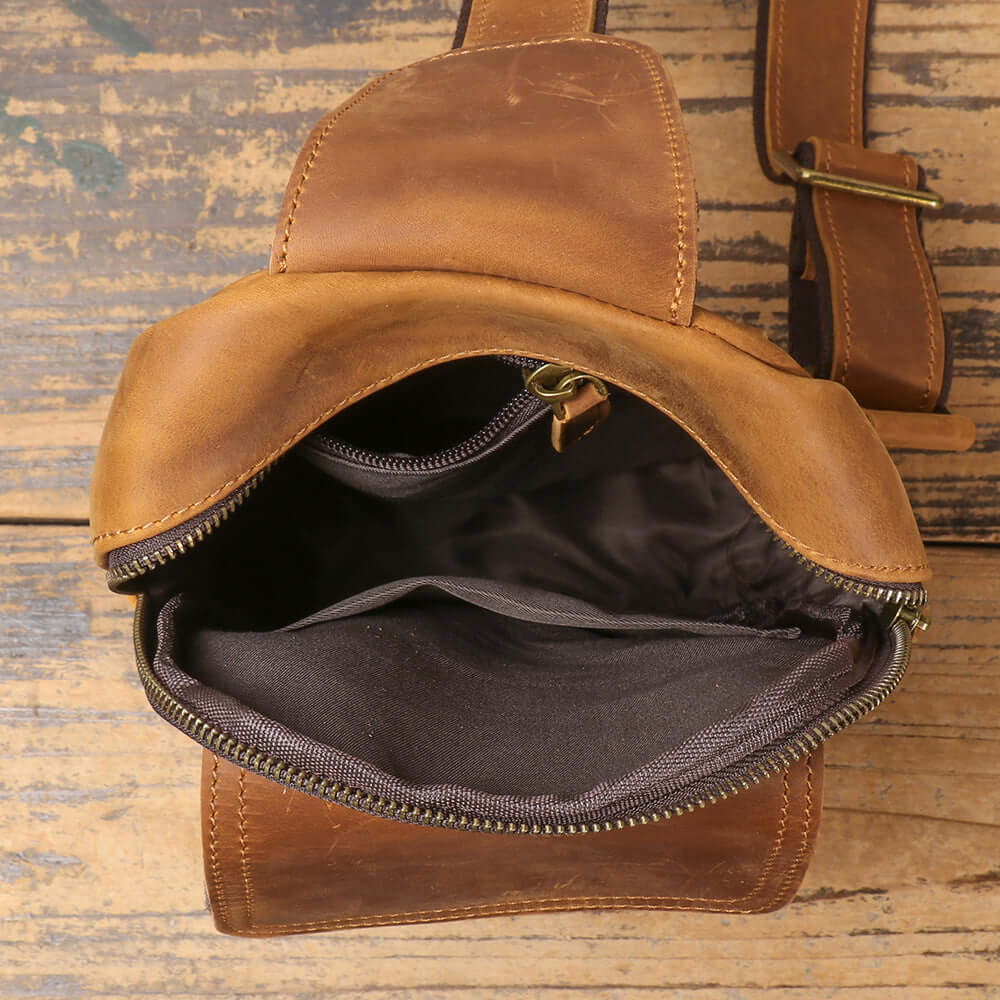 leather sling bag open top interior view